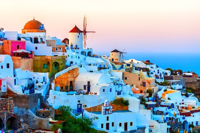 White Buildings on Hillside — Serene, Sunset, Photograph
