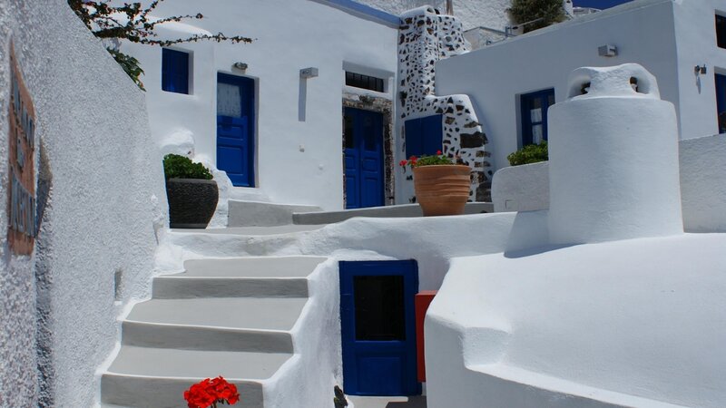White Buildings with Blue Doors — Serene, Afternoon