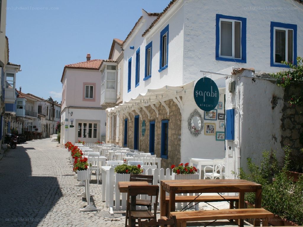 White buildings with blue trim