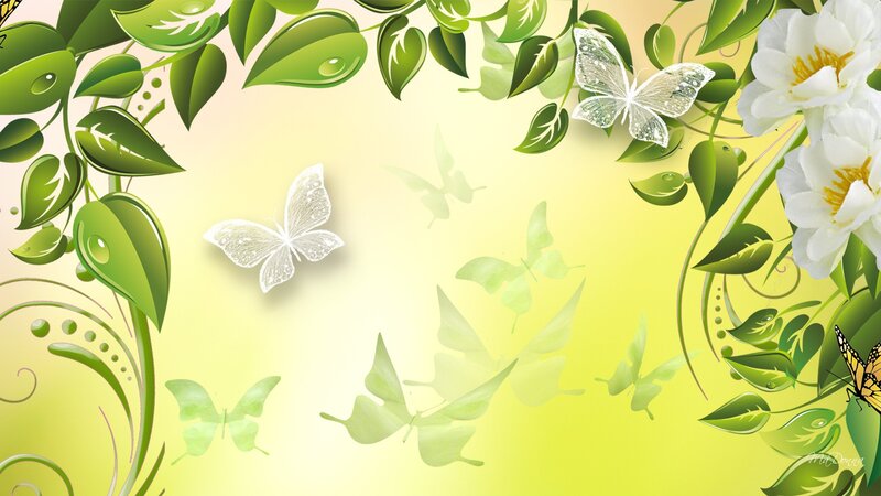 White Butterflies and Flowers — Green