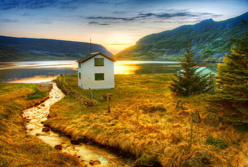 White Cabin by Lake — Green