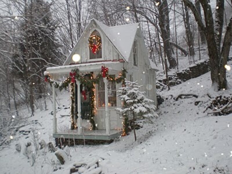 White Cabin in Snow