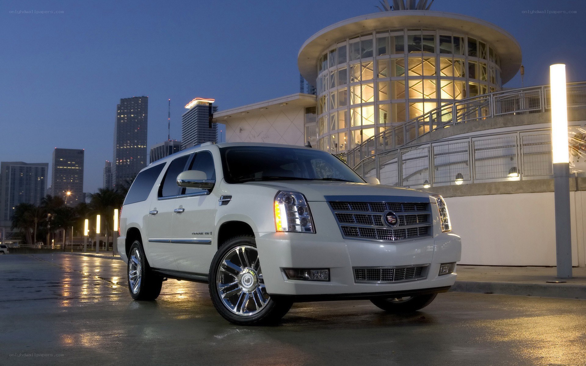 White Cadillac SUV at dusk