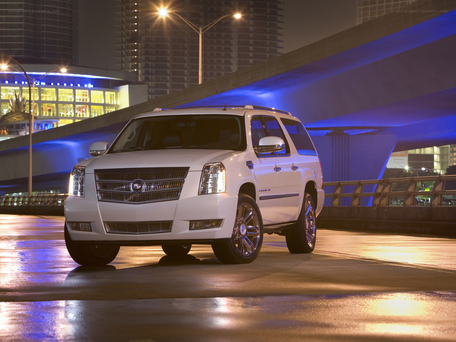 White Cadillac SUV at night