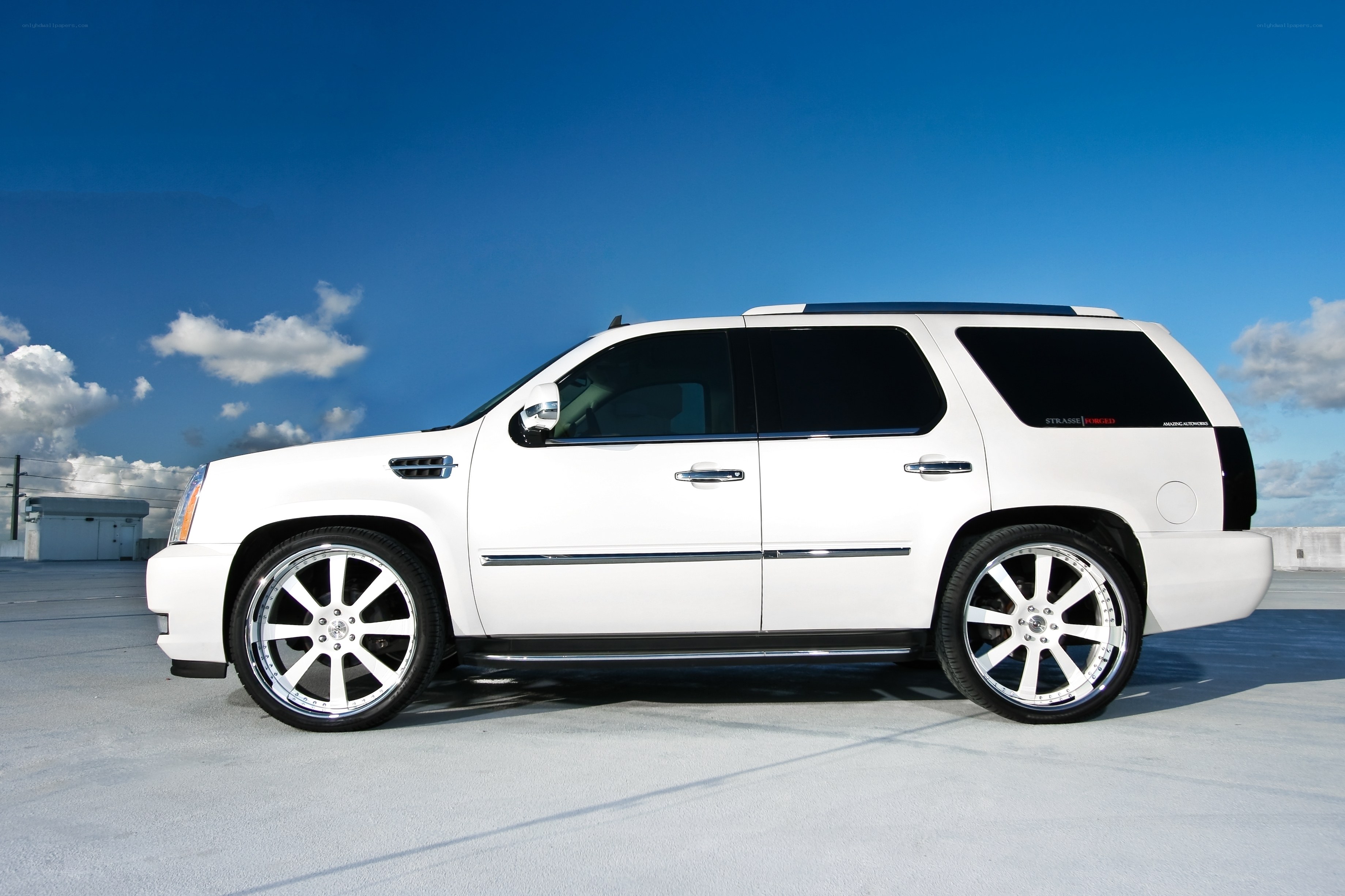 white cadillac suv on rooftop