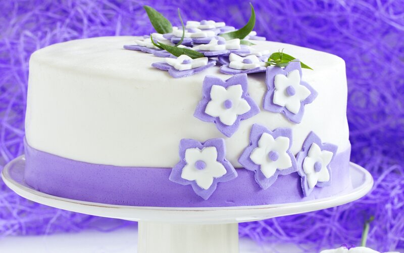 White Cake with Purple Flowers