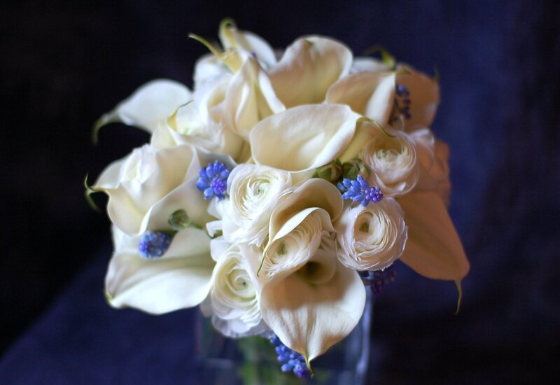 White Calla Lilies Bouquet — Serene, Photograph, Roses, Blue Flowers