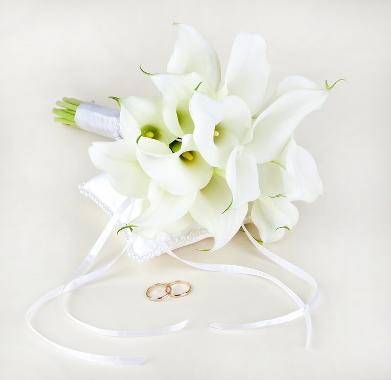 White Calla Lilies Bouquet — Serene, Photograph, Wedding Rings