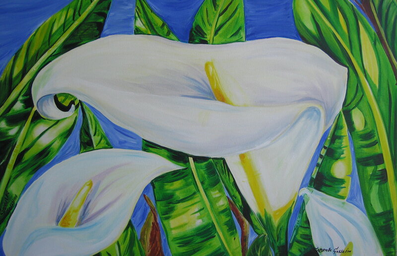 White calla lilies in green leaves