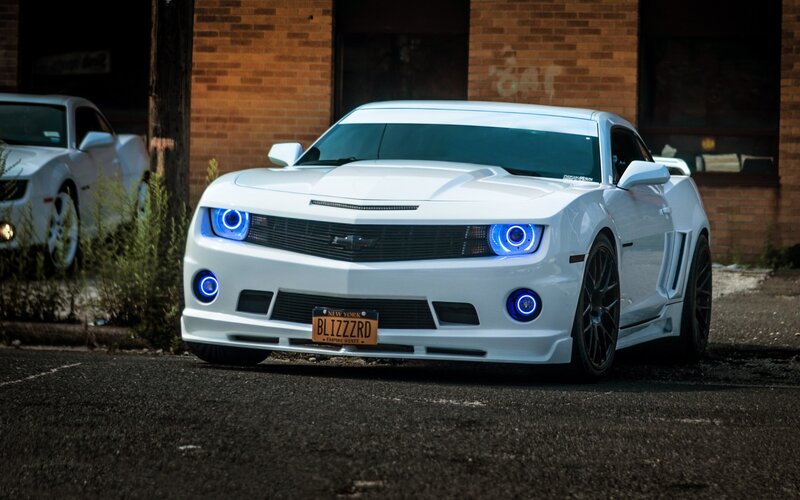 White Camaro Car — Dramatic, Night