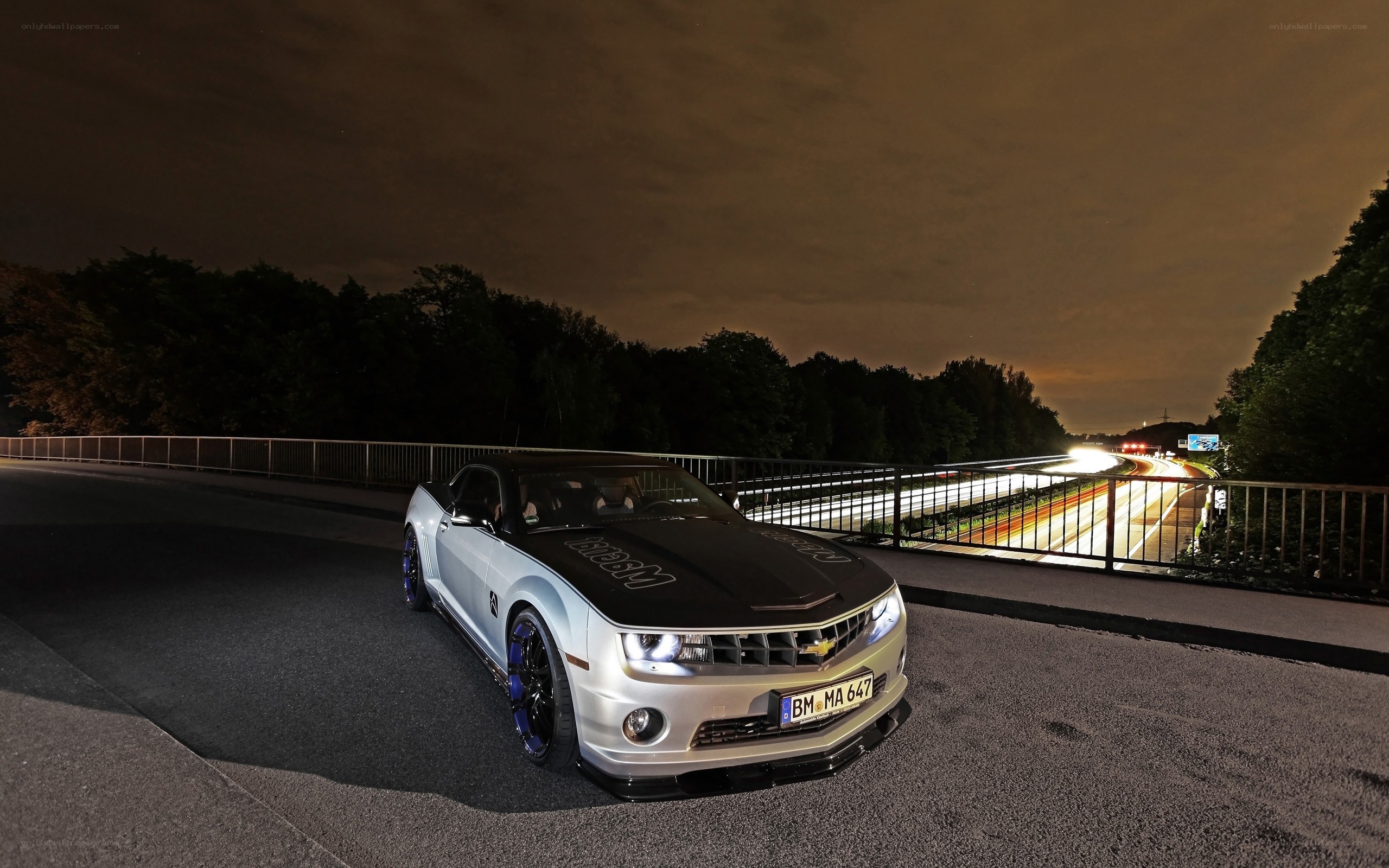 White Camaro on a bridge at night