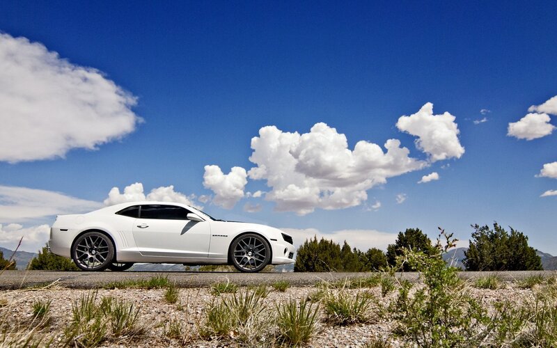 White Camaro on a scenic road