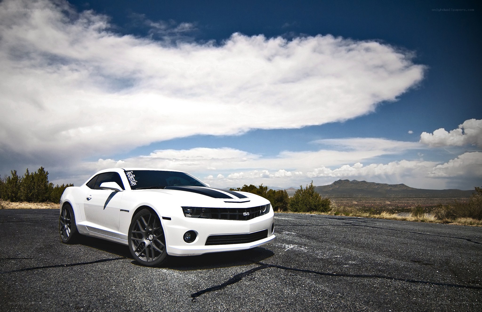 White Camaro on desert road