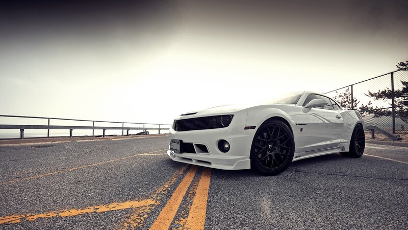 White Camaro on Road — Dramatic, Afternoon, Photograph