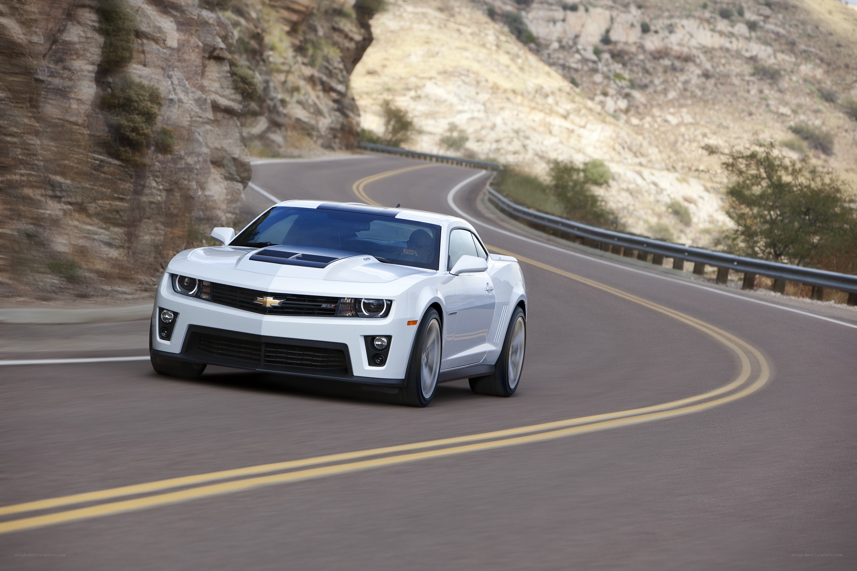 White Camaro on winding road