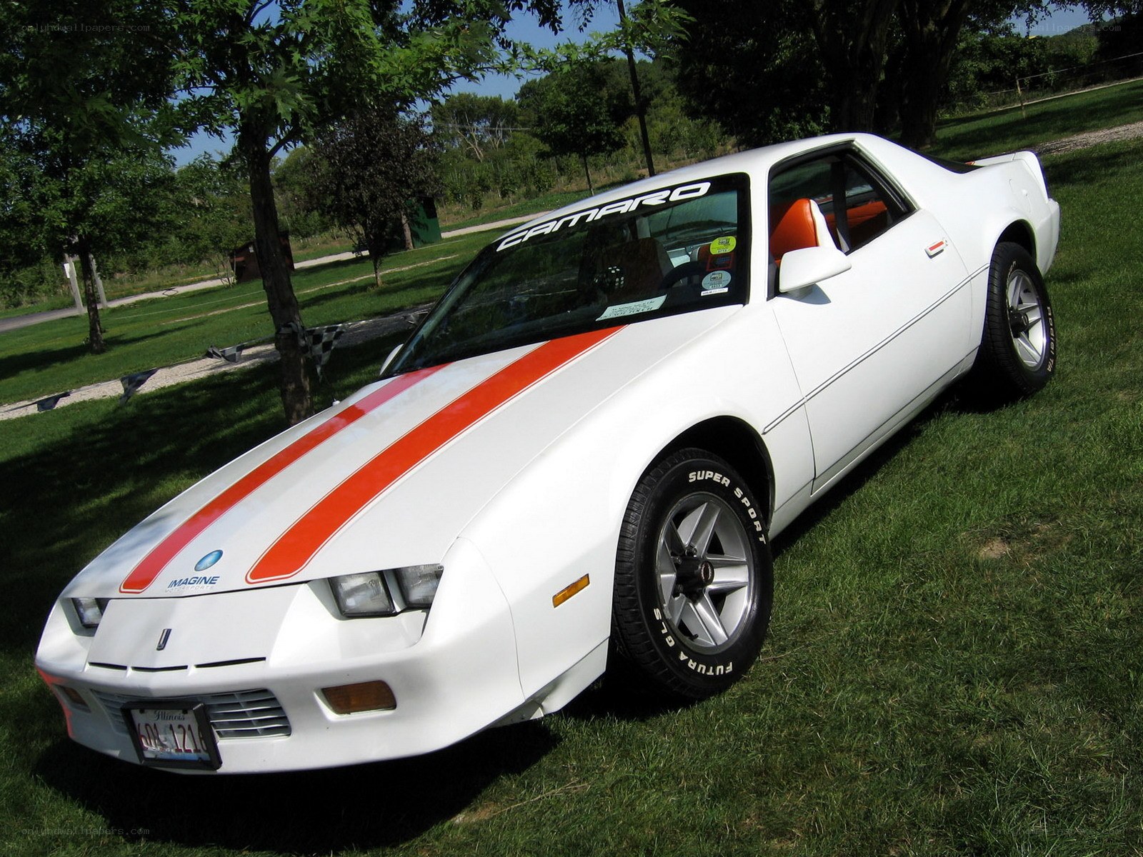 White Camaro with red stripes