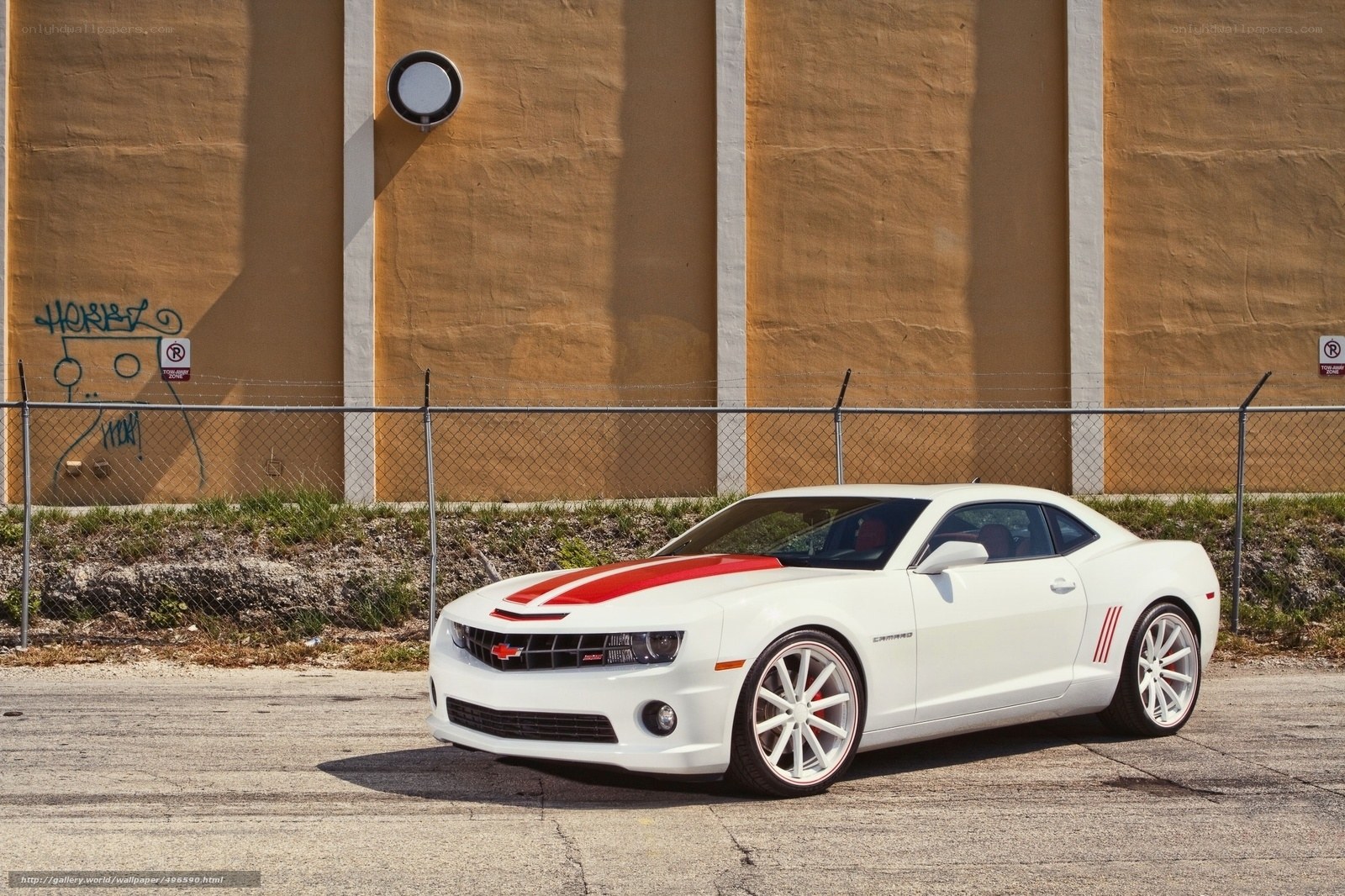White Camaro with red stripes