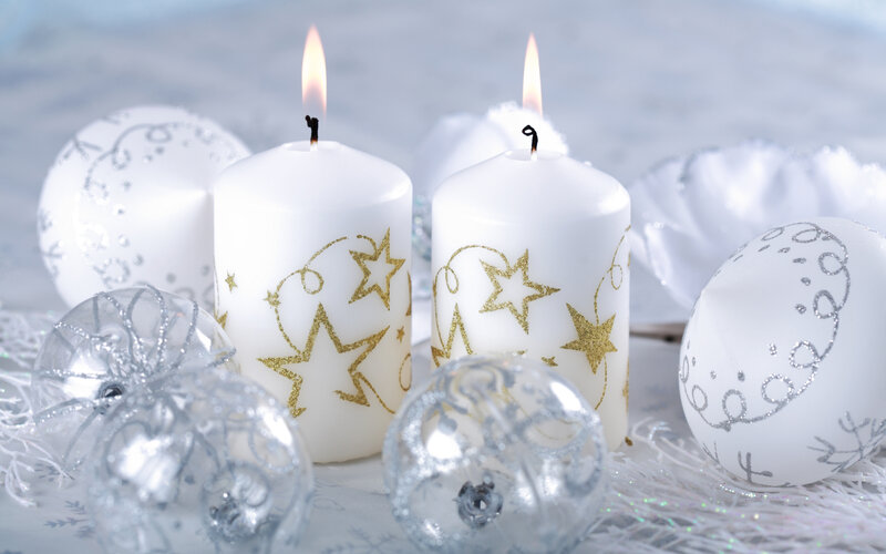 White Candles with Ornaments — Festive