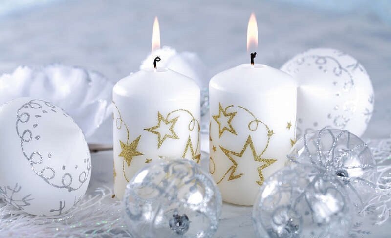 White Candles with Ornaments — Festive, Winter, Photograph