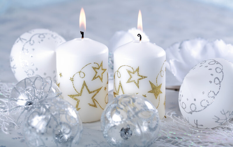 White Candles with Ornaments — Festive, Winter