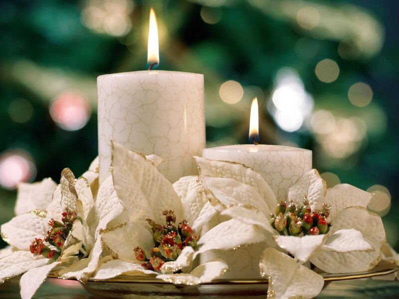 White Candles with Poinsettias