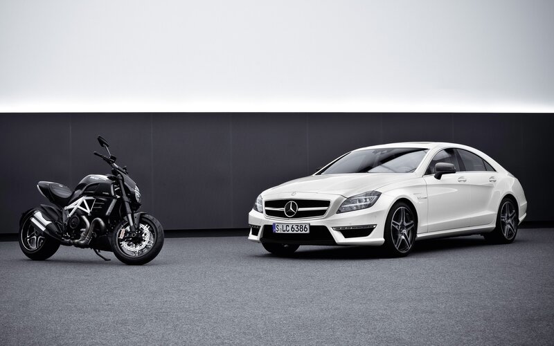 White car and black motorcycle