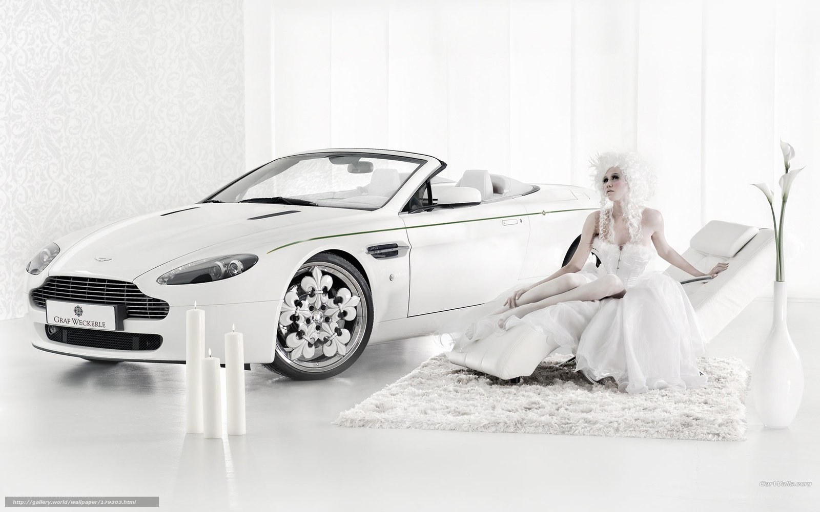 White car and woman in white dress