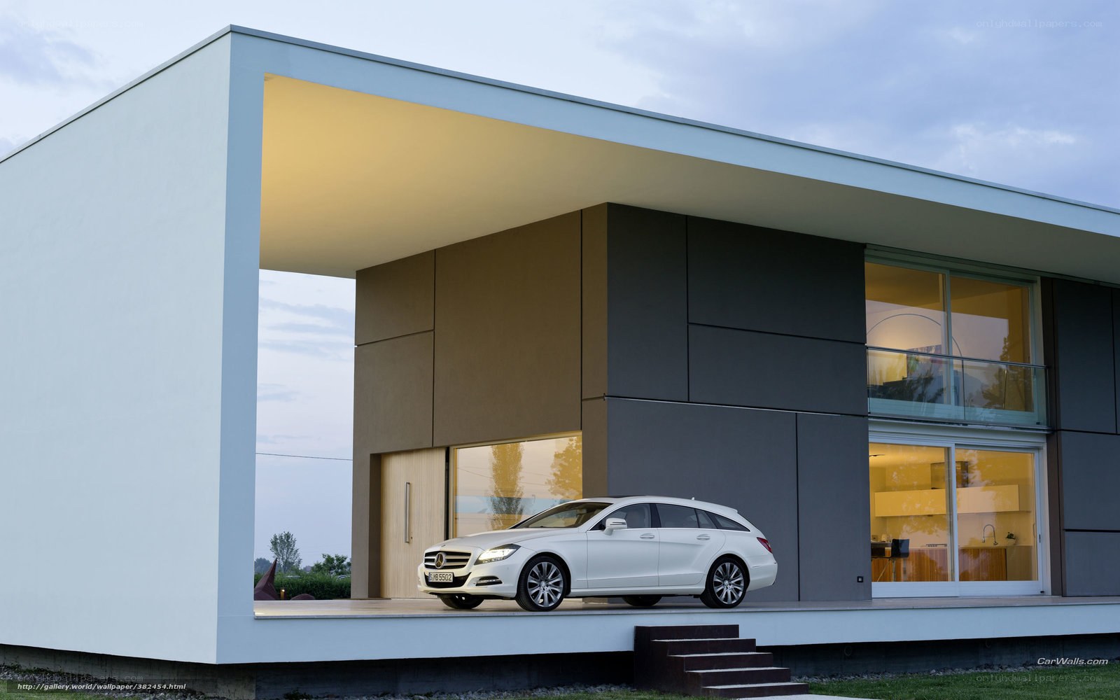 White car at modern house