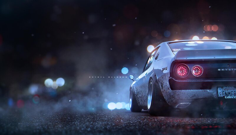 White Car at Night — Black, Dramatic