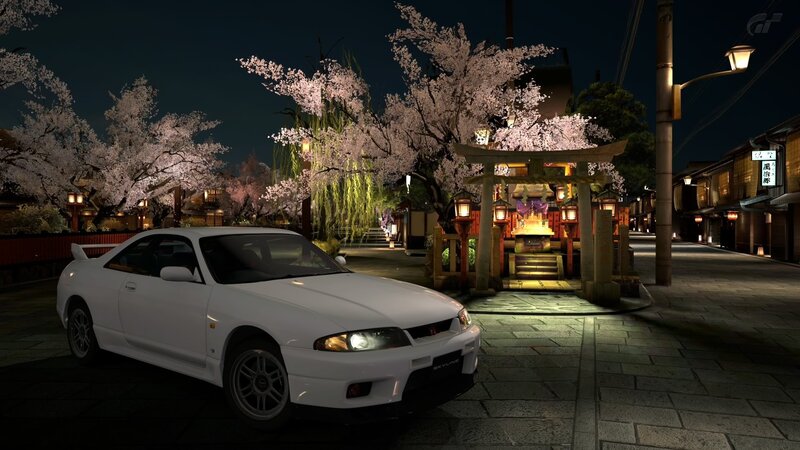 White car at night near shrine