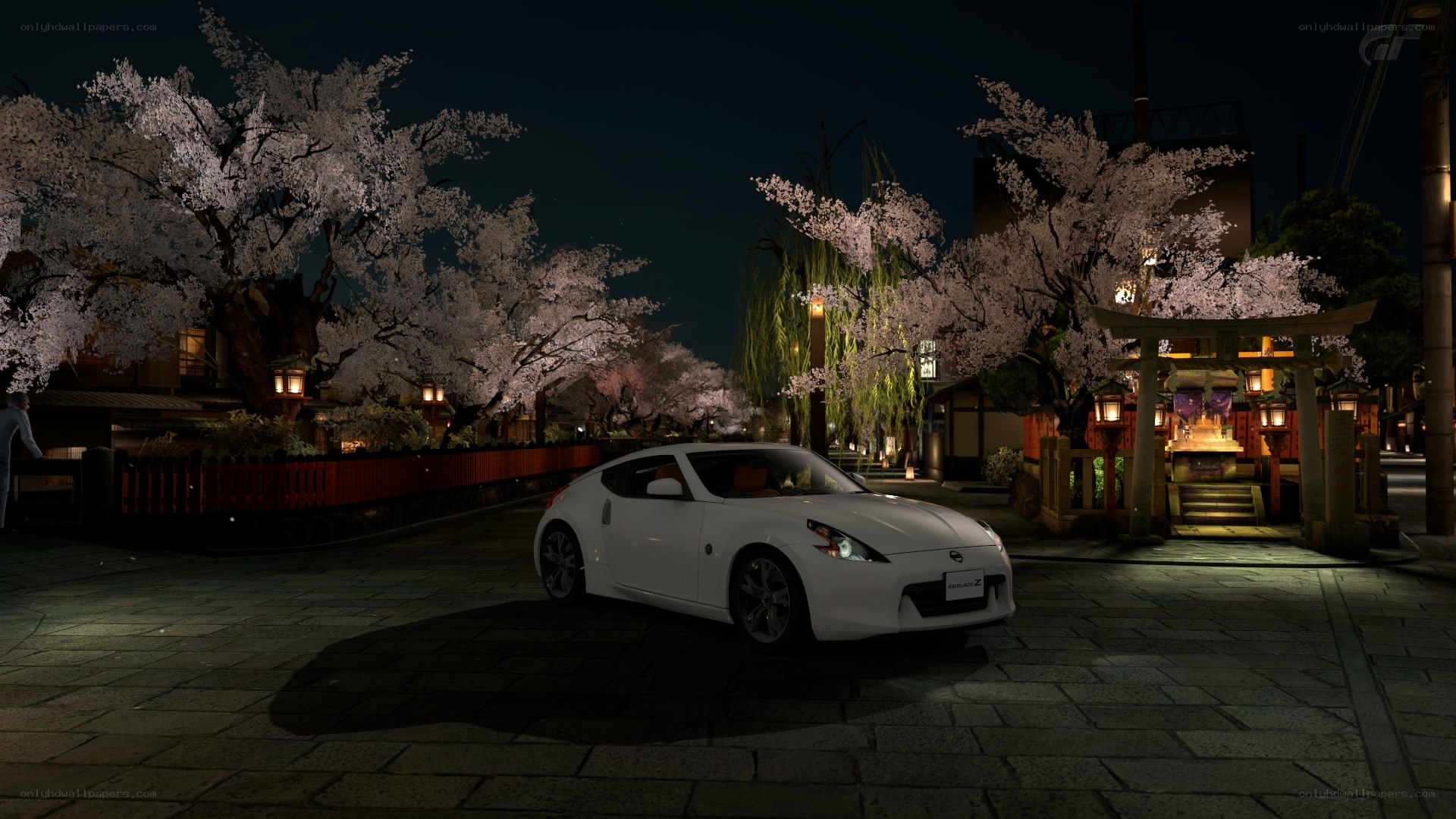 White car at night with cherry blossoms
