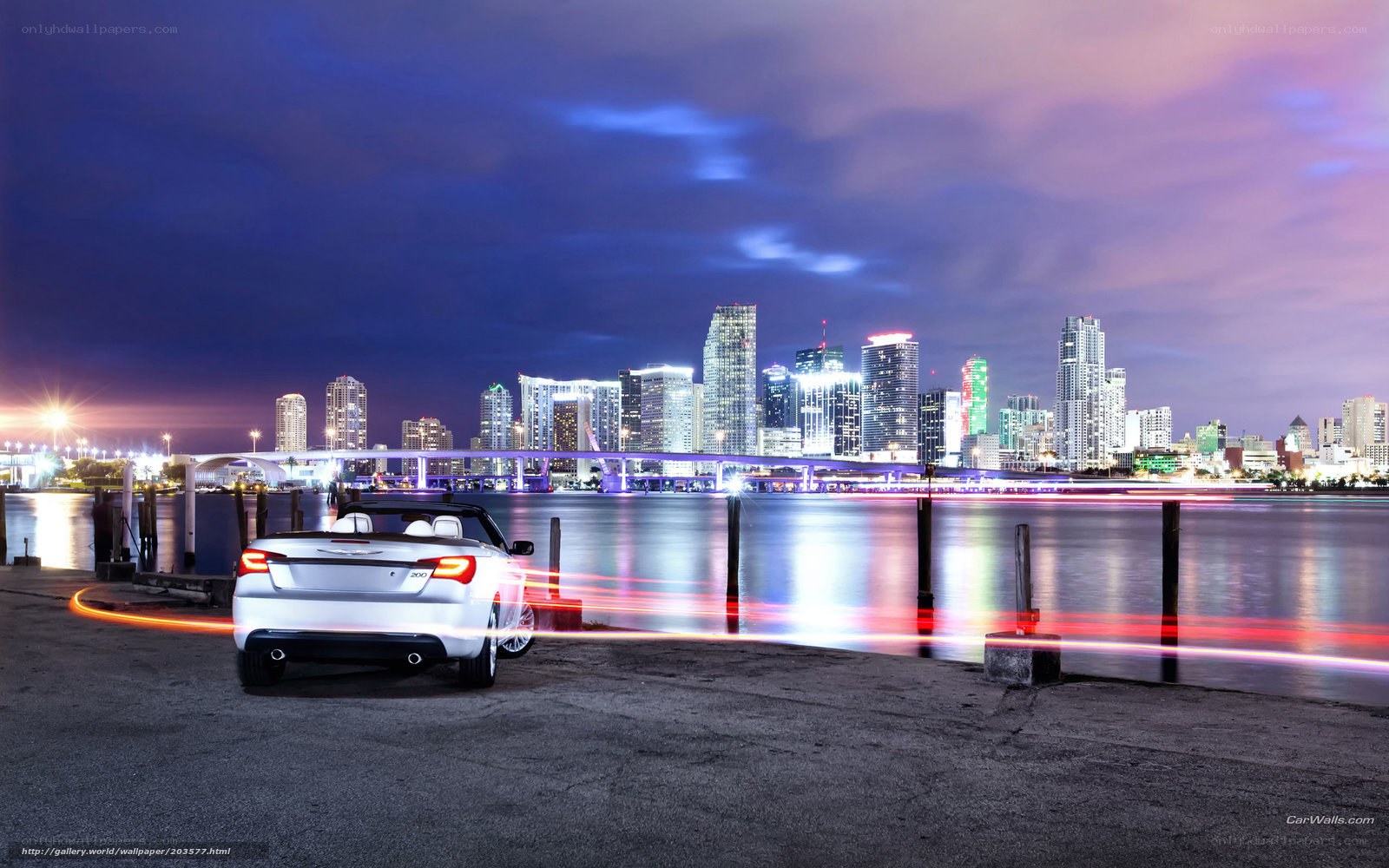 White car at waterfront at night