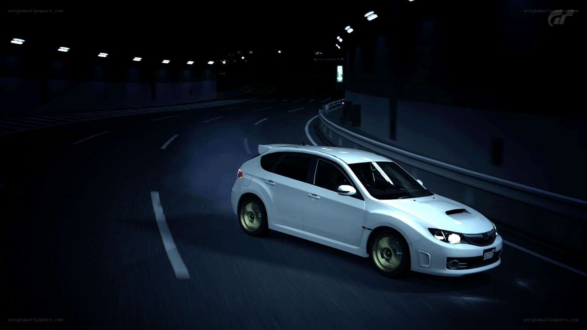 White car driving in tunnel