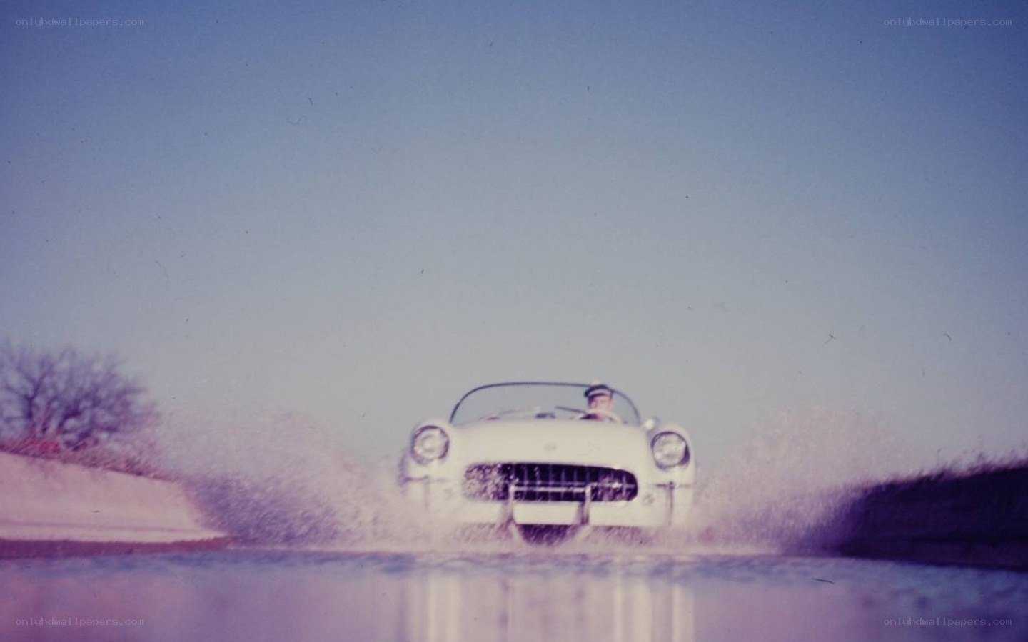 White car driving through water
