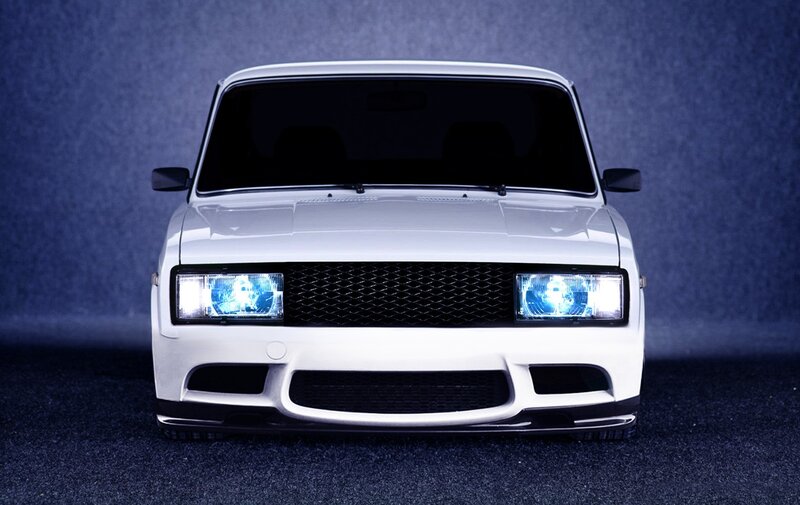 White Car Front View — Dramatic