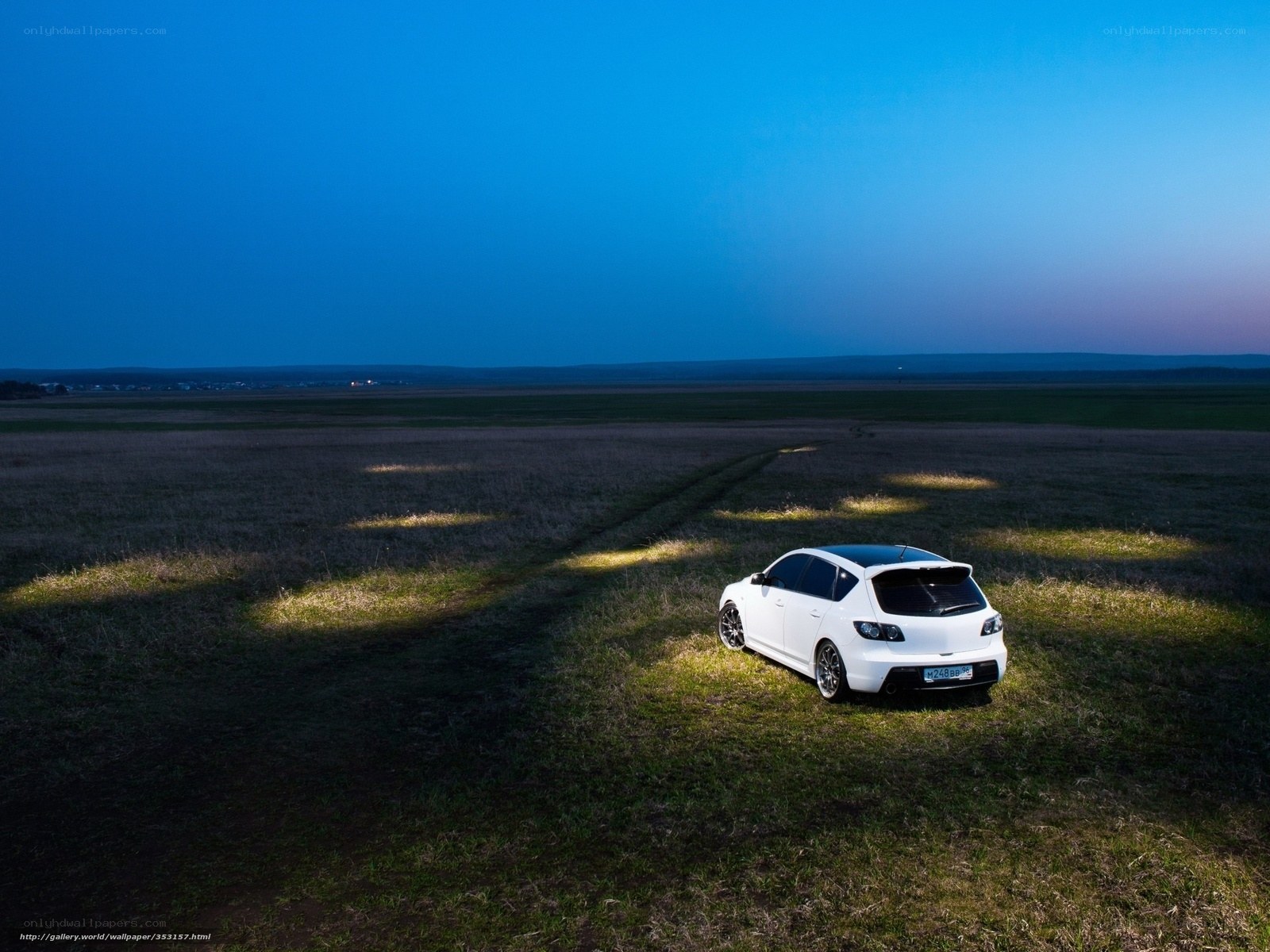 White car in a field at dusk