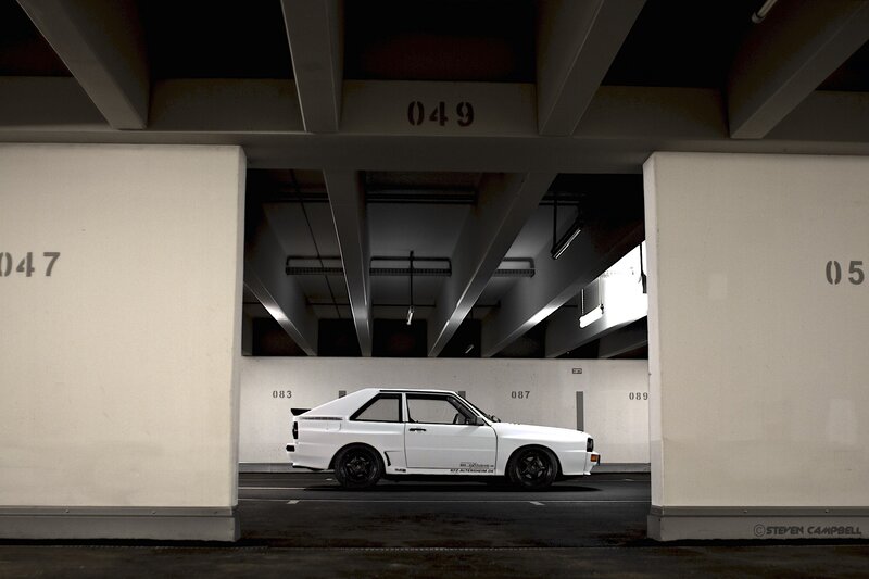 White Car in Garage — Dramatic, Photograph, Parking Space, Black