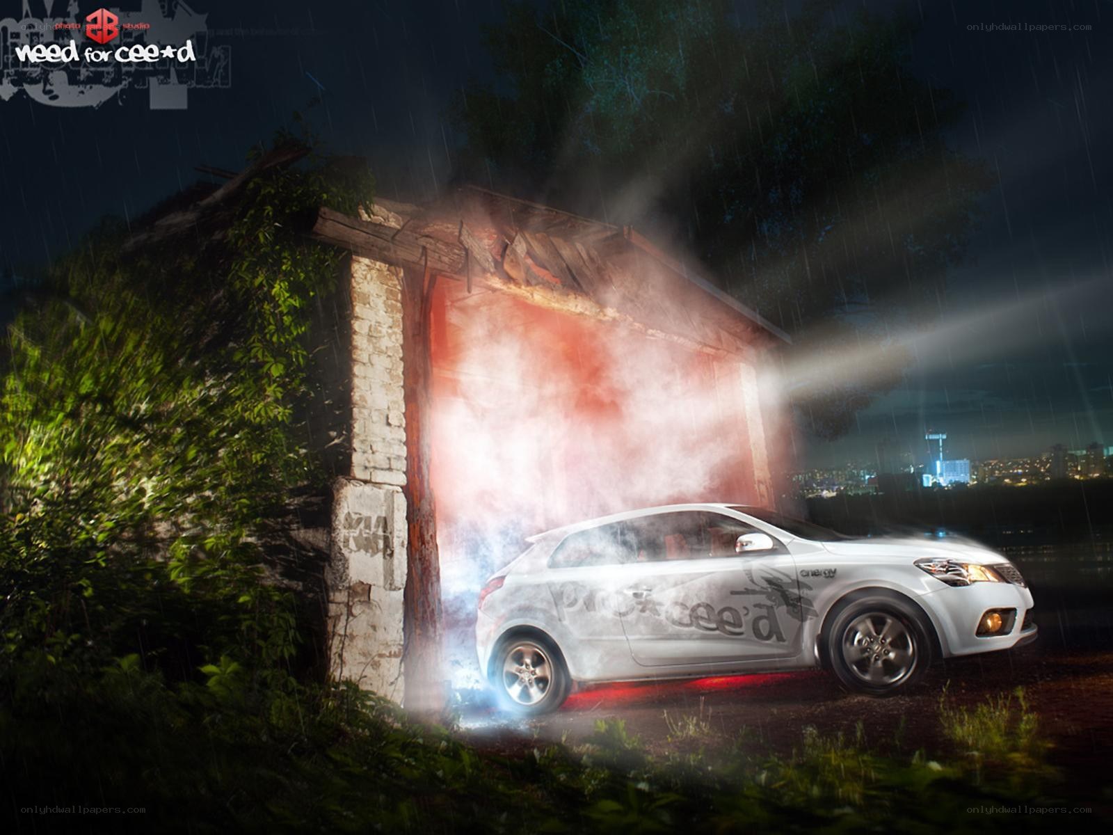 White car in rainy night scene