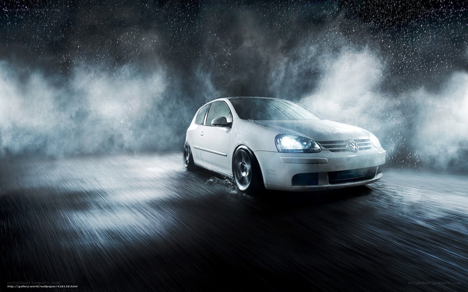 White car in rainy night