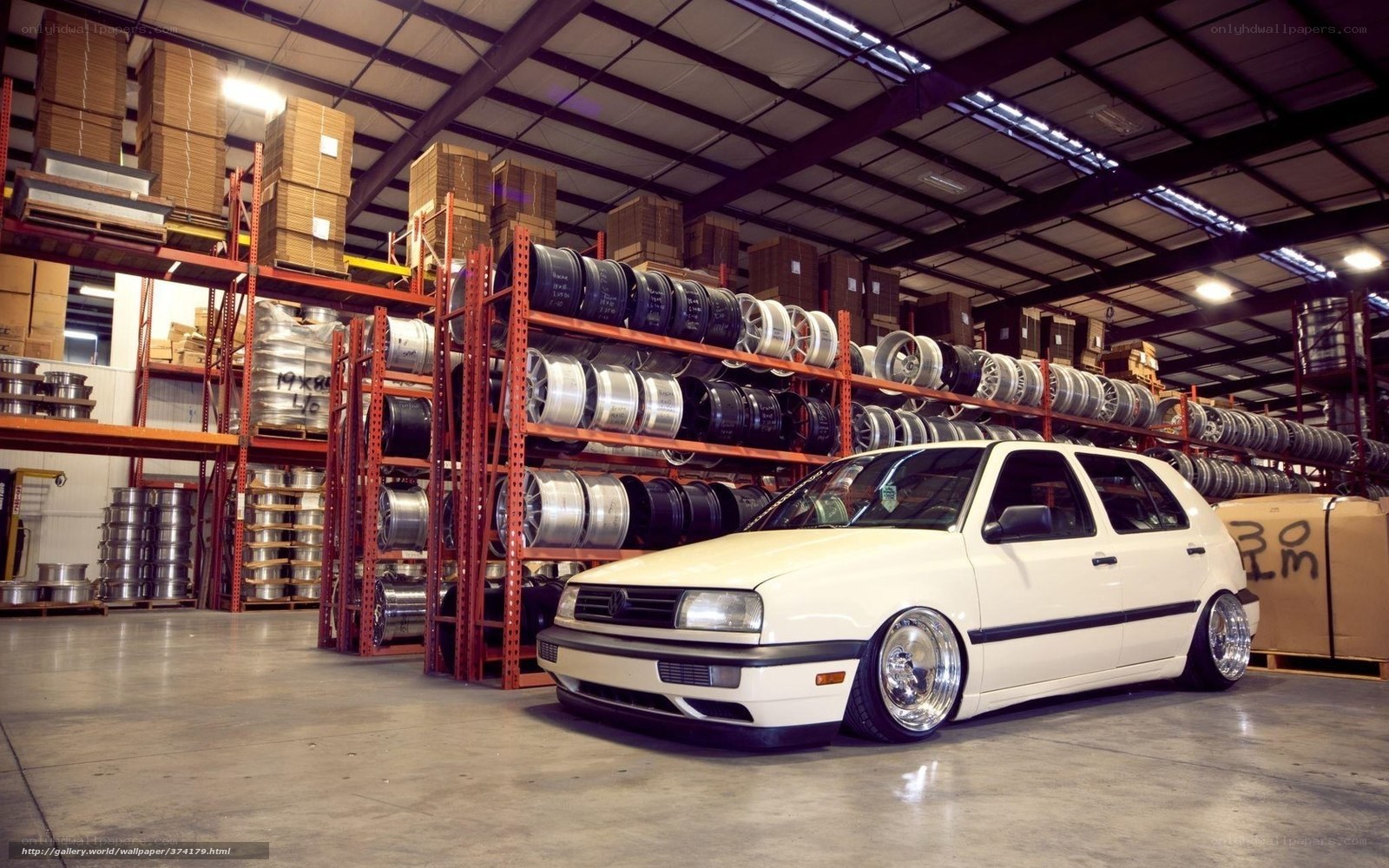 White car in warehouse