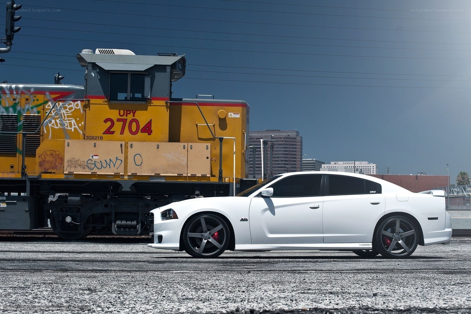 White car next to train