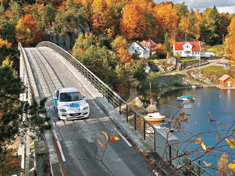 White car on autumn bridge
