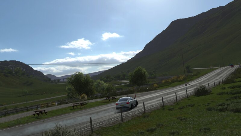 White Car on Mountain Road — Green, Serene, Afternoon