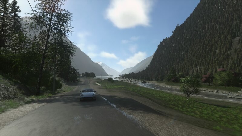 White Car on Mountain Road — Green, Serene