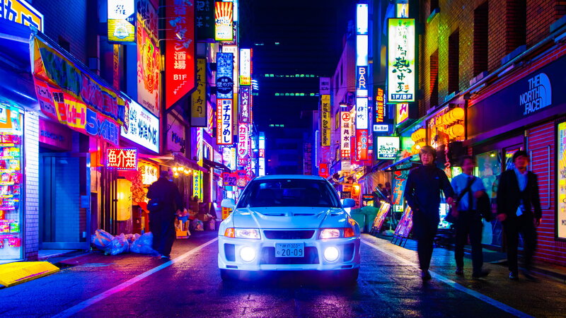 White Car on Neon Street