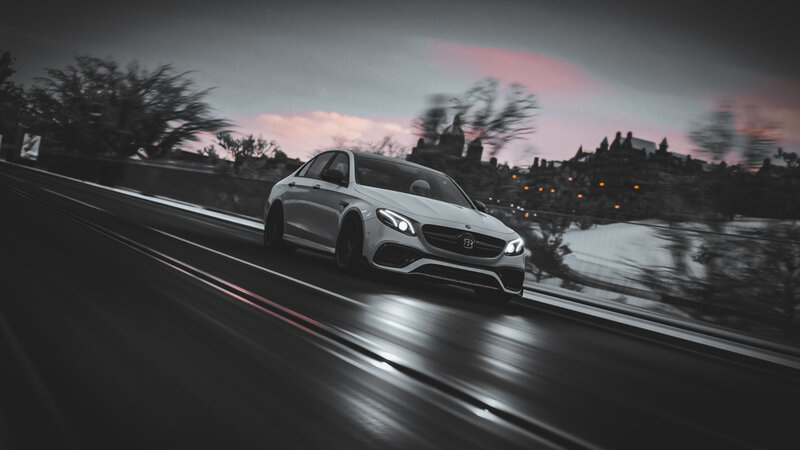 White Car on Road — Gray, Dramatic
