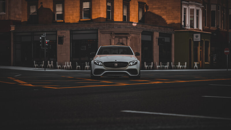 White Car on Street — Black, Dramatic