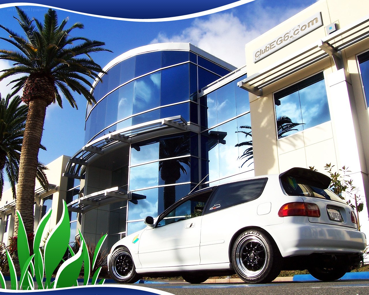 White car outside modern building