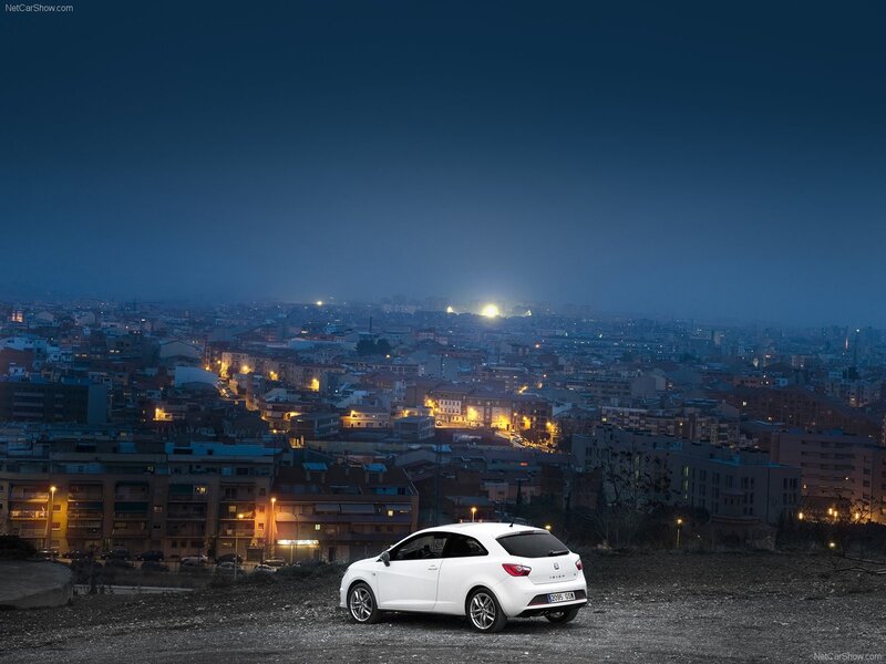 White car overlooking city at night