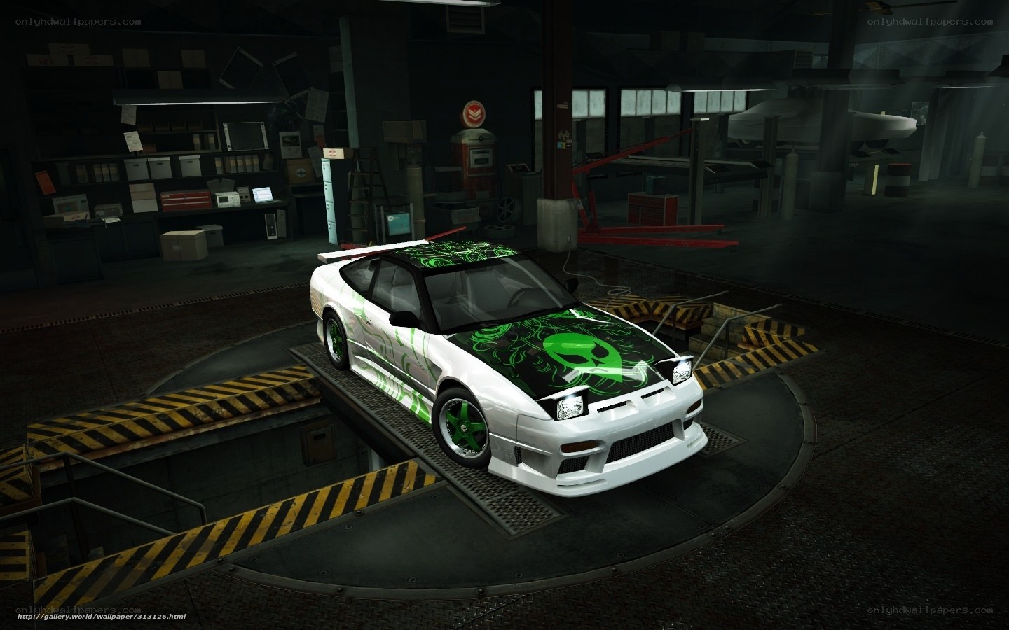 white car with green alien design